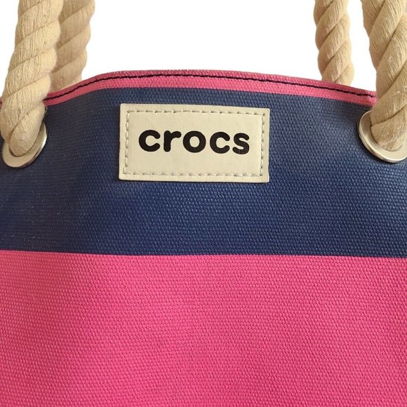 CROCS Pink Blue Striped Nautical Rope Handle Zippered Beach Tote Bag - Picture 2 of 7